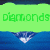 Pixelated diamond-shaped icon with text overlays on blue and green backgrounds, featuring multiple color variations of the same design.