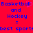 Red background with blue pixelated text reading "Basketball and Hockey = best sports" and a pink heart symbol above the first word.