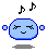 Four pixelated blue characters with musical notes above them, each in distinct poses and expressions on a gray background.