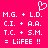 Pixelated pink background with white text and a heart symbol, displaying 'M.G. + L.D.', 'C.I. + A.A.', 'T.C. + S.M.', and '= LiIFE !!' in two identical