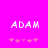 Pixelated text 'ADAM' in white on bright pink background with two of small pink star-like symbols below