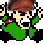 Pixelated character in green jacket and brown cap with red cross emblem, shown in two poses against gray background.