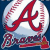 A pixelated baseball-shaped icon with a red 'A' on white, surrounded by pink stitching and the word 'Braves' in stylized lettering below.