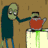 Green-skinned cartoon character in dark teal clothing appears in six distinct poses with varying background elements and actions.