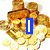Stack of gold coins with blue 'I' and red 'love' text overlays, transitioning to green 'MONEY' text over the same coin stack.