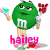Green M&M character holding a martini glass and red flowers with 'hailey' text in varying colors across frames.