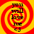 Four identical circular icons with red and yellow spiral backgrounds display black text reading "you will love me <3" in a pixelated font.