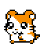 Pixel art hamster with orange and white fur in six distinct poses on gray background