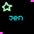 Pixelated game-like scene with pink maze walls, black background, and multiple instances of the text 'jen' in cyan font surrounded by green stars.