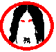 Animated circular icon with red border showing a stylized figure with black hair, red eyes, and small text below the face.