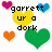 Pixelated heart-themed icon with text overlays on a white background, featuring multiple colored hearts and partial phrases.