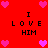 Red background with pink heart icons and black text reading "I LOVE HIM" in four quadrants.