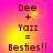Four identical display 'Dee + Yazz = Besties!!' text over a pink and yellow gradient background with subtle light effects