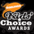 A 3x2 contact sheet of six animated frames from a Nickelodeon Kids' Choice Awards promotional icon, featuring text and abstract shapes in orange, white, brown, and black.