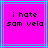 Two identical static display pixelated text on a bright pink background with cyan and blue lines