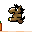 Pixelated brown dog-like creature with white eyes and orange nose performs walking animation across gray background, interacting with small green plants in brown pots.