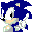 Pixelated character with white face, black eyes, and orange beak in two poses against blue background.