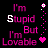 Animated contact sheet of a 5x4 grid showing sequential frames of a text-based buddy icon with pink and white pixel art on black background, featuring repeated phrases "I'm Stupid But I'm Lovable" with heart symbols and animated letter changes.
