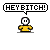 Pixelated character in yellow shirt with white face and black eyes, displaying multiple speech bubbles with text like "HEY BITCH!" and "NO..."