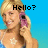 Pixelated image of a person with light brown hair holding a pink phone to their ear against a blue background with 'Hello?' text.
