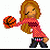 Pixelated character with long brown hair holds orange basketball, wearing red checkered shirt and dark pants; adjacent text reads 'lets play' in black script.