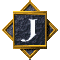 Five identical square icons with gold borders and diamond-shaped gray accents, each displaying a white serif 'J' on a dark textured background.