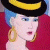 A pixelated contact sheet showing two frames of an animated icon featuring a cartoon woman with blue hair and a black-and-yellow hat, next to green text reading "Original Icons .com" on a dark background.