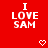 Red background with white text "I LOVE SAM" repeated in a , accompanied by small white heart and downward arrow symbols