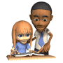 Animated sequence of two cartoon figures at a desk, one with long orange hair and blue shirt, the other in white shirt and light blue tie, interacting with an open book.