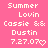 Pixelated pink background with white text reading 'Summer Lovin' 'Cassie && Dustin' '7.27.07' and a small heart symbol, repeated in a pattern