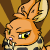 Pixelated cartoon character with orange fur, large ears, and yellow eyes in two sequential animation frames showing slight mouth movement against a brown striped background.