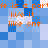A static pixel art image with repeating orange text on a blue and white pixelated background.