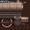 Pixel art train engine with large wheels, cylindrical boiler, and smokestack on dark brown background; 'PREVIEW' text in top-left corner.