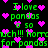 Green pixelated text and pink hearts on black background, repeating phrases about pandas with heart symbols scattered throughout.