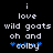 Pixelated text on black background with blue star symbols, showing 'i love wild goats oh and *colby' in white and blue pixels.
