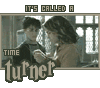 eight identical frames showing two people in a dimly lit room with arched windows, overlaid with text reading "IT'S CALLED A TIME turner"