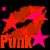 Pixelated lips with star shapes and text labels in red, orange, green, and blue color variations on black background.