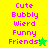 Pixelated text 'Cute Bubbly Wierd Funny Friends!' in pink on yellow and green backgrounds with star symbols.