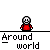 Pixelated character in red shirt with white skull face, standing above text 'Around world' on gray background, with animated red and gray motion blur effects.