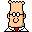 Pixelated cartoon character with tall rectangular head, black glasses, red tie, and white checkered shoes on gray background.