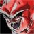 Pixelated close-up of a stylized face with red and white tones, dark eye areas, and a black background.