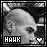 A grayscale pixelated head in profile view with red text 'HANK' and a small heart symbol below it, showing animation changes across frames.