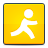 Yellow square icon with dark blue border containing white stick figure in walking pose with one arm extended forward and one leg forward.