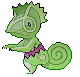 Green chameleon avatar with purple belt, performing animation sequence showing full body pose and particle effects.