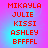 Red pixelated text on a pink-to-blue gradient background, arranged in five with no visible animation changes
