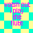 Pixelated text 'watch out i play the flute' on cyan and yellow checkered background with diamond pattern.