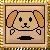 Pixelated dog face with floppy ears, black eyes and nose, brown outline, beige background within a decorative border.