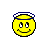 Yellow pixelated smiley face with blue halo and red devil horns, transitioning from halo-only to horned states with text changes below.