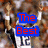 A pixelated image of a football player in a white jersey with number 12, overlaid with blue and red text blocks.