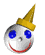 A spherical white character with blue eyes, red mouth, and yellow cone hat rotates through multiple angles against a gray background.